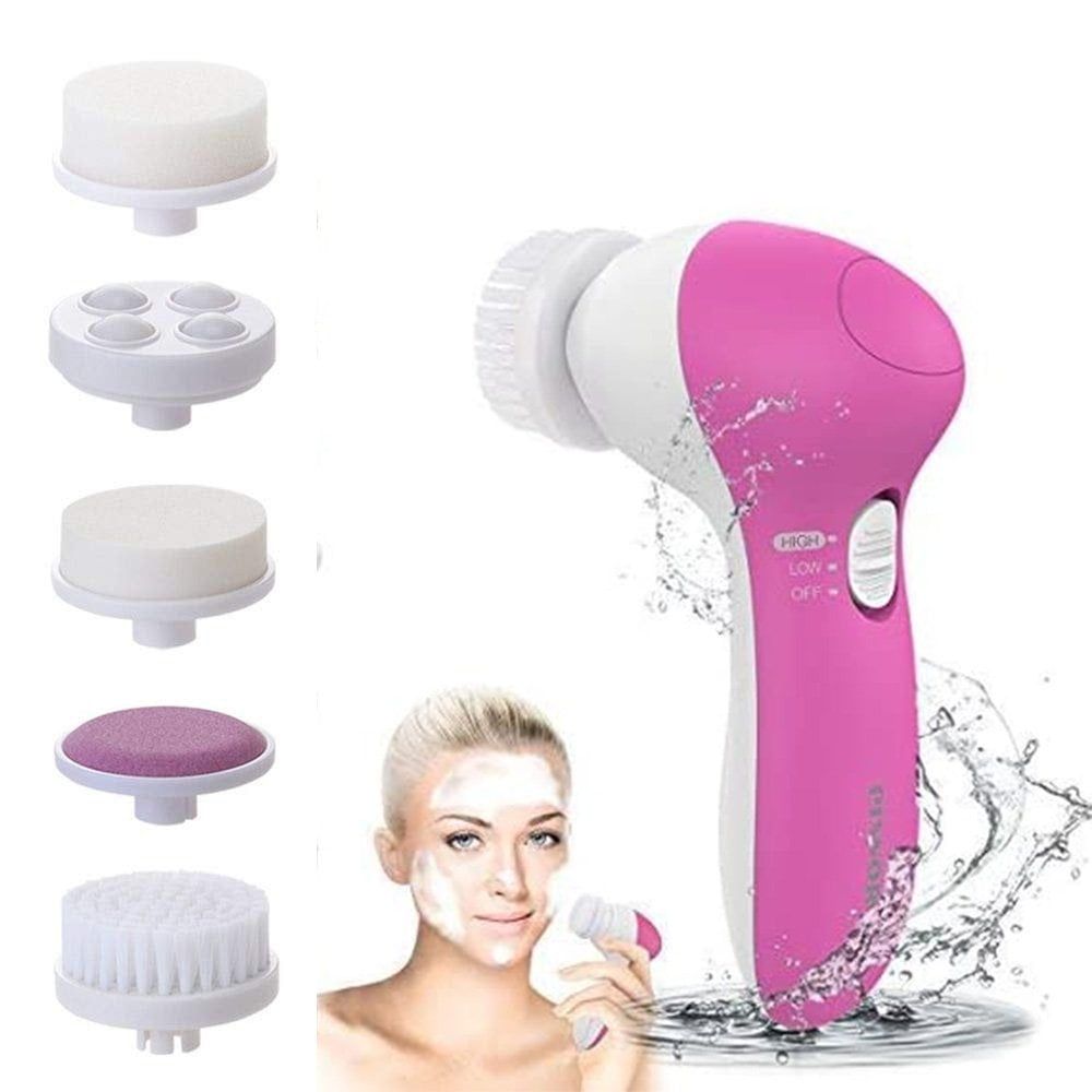 1 Set Facial Cleansing Brush,5 in 1 Electric Face Cleansing Brush Kit,Waterproof Face Wash Brush,Deep Face Scrubbing,Mini Beauty Skin Brush(Pink)