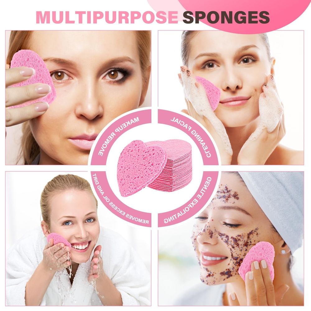 50 Pcs Compressed Cellulose Heart Shape Face Facial Sponges Natural Cosmetic Sponges for Facial Cleansing Exfoliating Mask Skin Massage, Pink