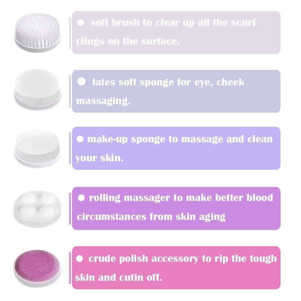 1 Set Facial Cleansing Brush,5 in 1 Electric Face Cleansing Brush Kit,Waterproof Face Wash Brush,Deep Face Scrubbing,Mini Beauty Skin Brush(Pink)