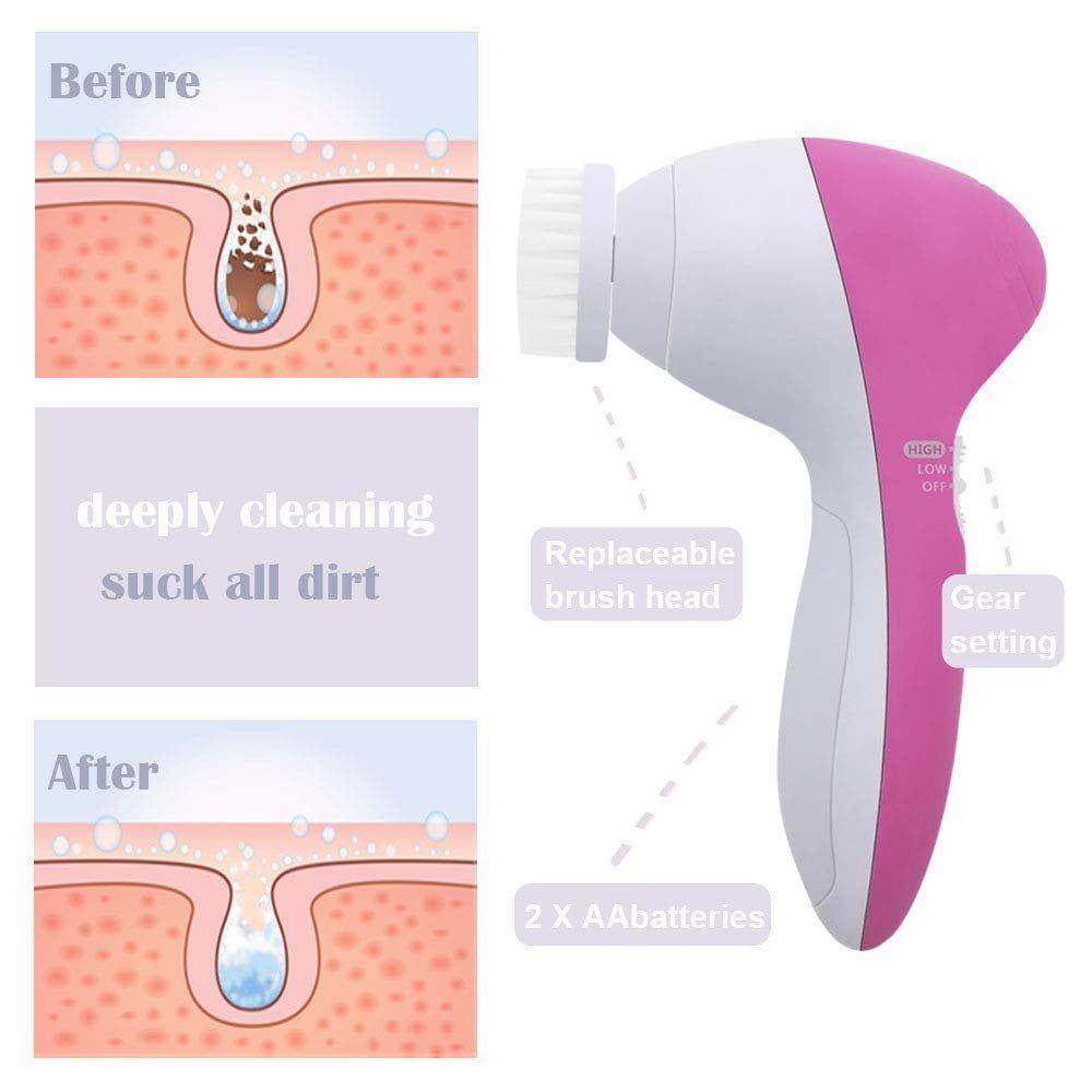1 Set Facial Cleansing Brush,5 in 1 Electric Face Cleansing Brush Kit,Waterproof Face Wash Brush,Deep Face Scrubbing,Mini Beauty Skin Brush(Pink)